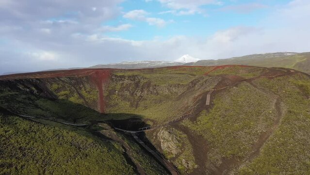 Aerial View Of Grabrok Mountain, Volcanic Crater At Daytime In west Iceland