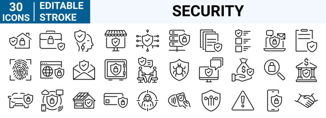 set of 30 line web icons Security. cyber security, password, smart home, safety, data protection, key, shield, lock, unlock, eye access. Editable stroke.