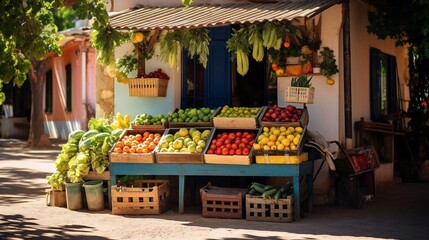 fruit and vegetables, Sunny day at a small local farmer's shop on a Spanish street, colorful array of organic produce,  authentic street market vibes.
