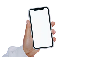 Mockup of a smartphone with a transparent screen held in hand, free of background.