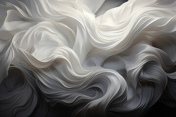 An abstract wallpaper featuring undulating waves of white fabric against a black background creates a visually serene and elegant composition. Illustration - 678592223