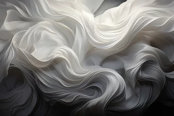 Fotobehang An abstract wallpaper featuring undulating waves of white fabric against a black background creates a visually serene and elegant composition. Illustration © DIMENSIONS