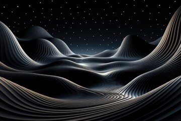 An abstract wallpaper with a sci-fi, futuristic theme, illuminated against a black background, showcases an otherworldly landscape adorned with stars. Illustration