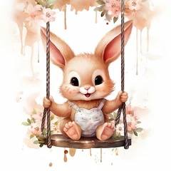 Fluffy bunny among flowers. Its a girl. Watercolor Illustration of cute rabbit for Baby Shower invitation, kids new born celebration, greeting cards, fabric, wall art decoration © Olena