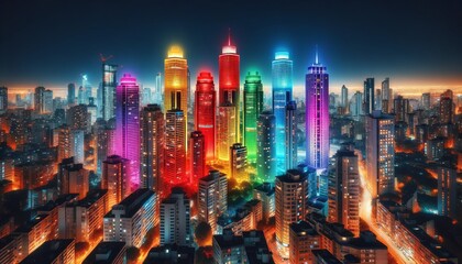A cityscape at twilight comes alive with a radiant neon glow, each skyscraper a beacon of vibrant rainbow colors, creating a luminous urban panorama. Generative AI