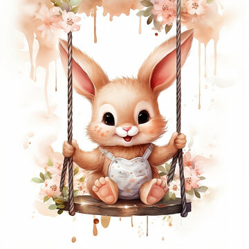 Fluffy bunny among flowers. Its a girl.
Watercolor Illustration of cute rabbit for Baby Shower invitation, kids new born celebration, greeting cards, fabric, wall art decoration