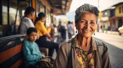 Old Mexican woman smiling waiting at bus stop in a Mexico street - obrazy, fototapety, plakaty