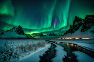 A magical moment unfolds in the Icelandic night as the green aurora borealis lights up the sky, casting an ethereal glow over a snowy mountain ridge  generative ai technology
 - obrazy, fototapety, plakaty