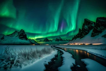 Papier Peint photo Lavable Aurores boréales A magical moment unfolds in the Icelandic night as the green aurora borealis lights up the sky, casting an ethereal glow over a snowy mountain ridge  generative ai technology 