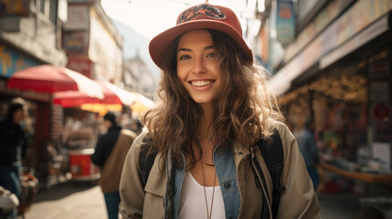 Fun young woman wearing a cap natural posing in a Peru street market - obrazy, fototapety, plakaty