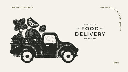 Fresh food ingredients. Delivery silhouette design template. Classic vintage pickup truck with food. Vector illustration - obrazy, fototapety, plakaty