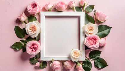 Blank frame for text, pink rose flowers on pink background - Artistic