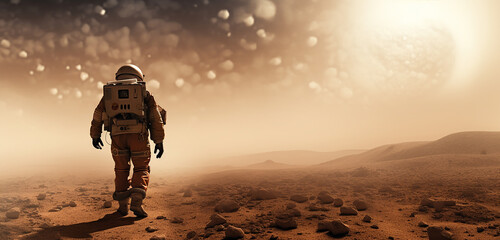 Astronaut walking on planet ansd Establishing a colony on the Mars.