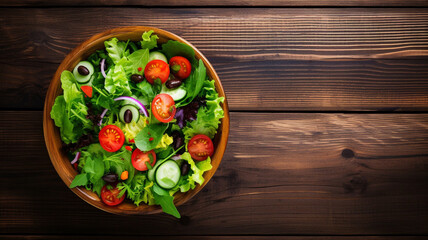 salad in a wood bowl on wooden table, top view