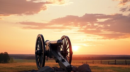 Foggy Gettysburg's Kanone im National Military Park Memorial featuring American Civil War's Cannon at Dawn - obrazy, fototapety, plakaty