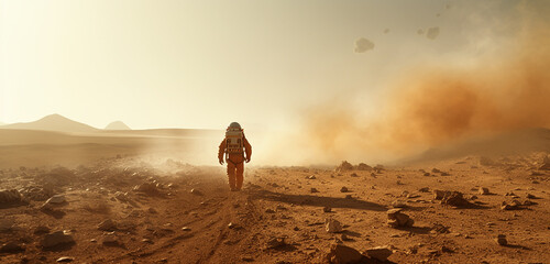 Astronaut walking on planet ansd Establishing a colony on the Mars. - obrazy, fototapety, plakaty