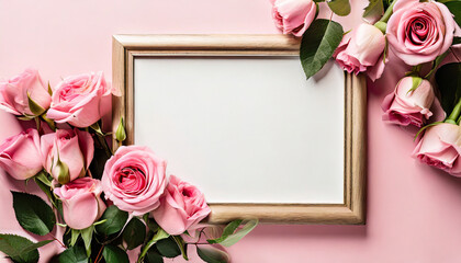 Blank frame for text, pink rose flowers on pink background