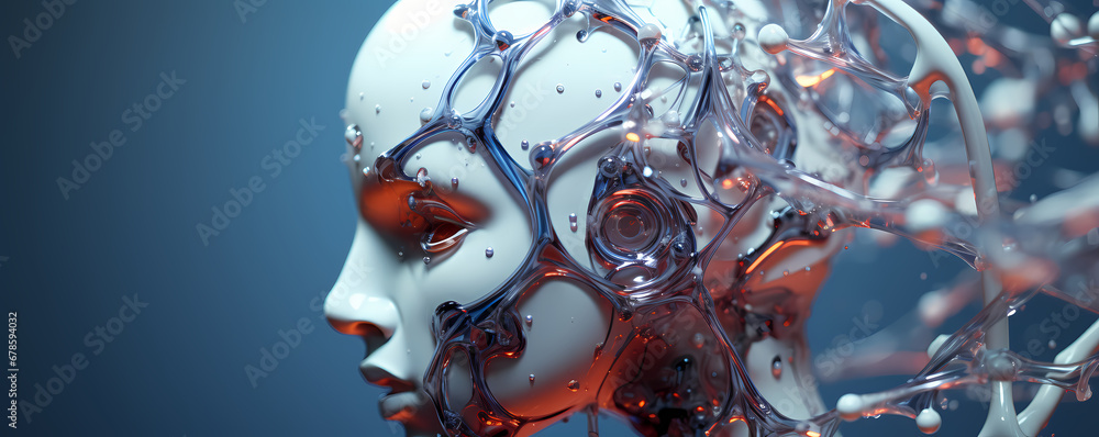 Poster ai artificial intelligence robot head with digital graphic brain engine inside