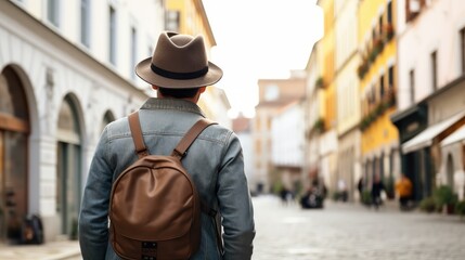 Rear view of young male tourist wearing hat on European street with old buildings