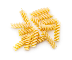 Uncooked fusilli pasta. Uncooked italian pasta isolated on white background.