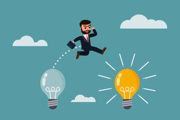A smart businessman jumps from an old light bulb idea to a new idea. Business changes. Moving towards a more innovative company. Improving and adapting to the new normal concept. Vector illustration