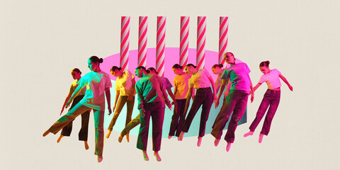 Poster. Contemporary art collage. Modern creative artwork. Group of dancers dancing in neon light...