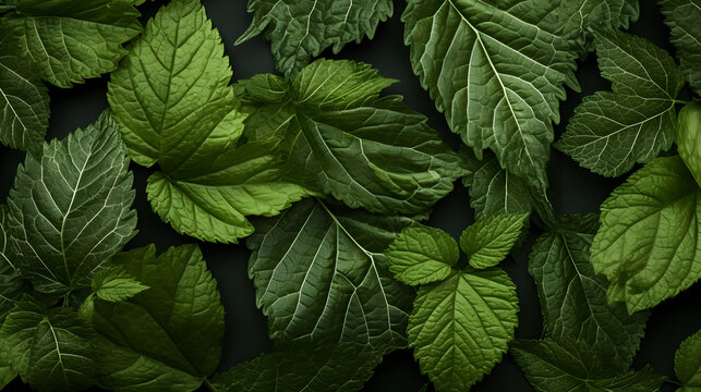 Green mulberry leaves skeletons for background. Generative Ai.
