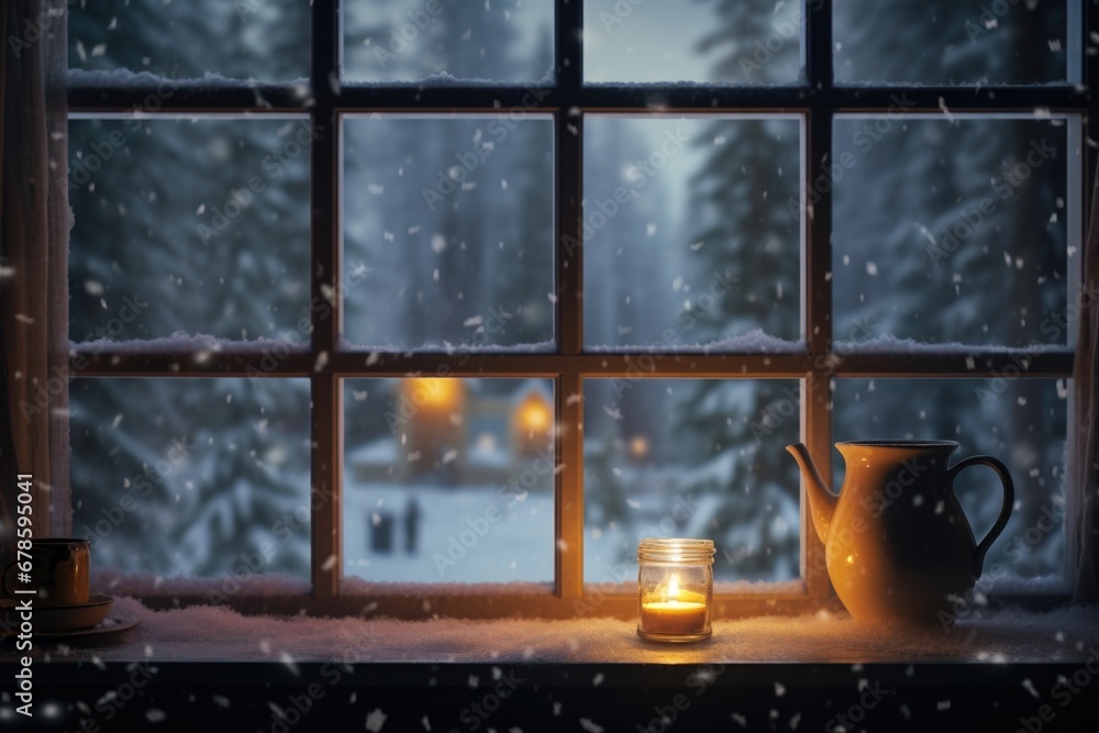Poster a candle sitting on a window sill in the snow. perfect for creating a cozy winter atmosphere or addi