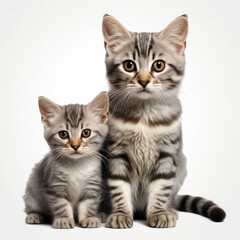 Gray female bengal cat and kitten sitting together on clean white background created with Generative AI Technology