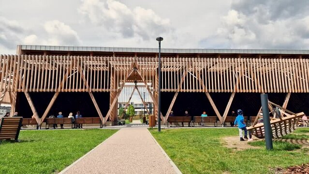 Opole, Poland  August 8, 2023: time lapse. area of park with Brine graduation tower in Opole. Poland