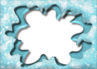 three-dimensional relief frame, liquid metal effect, empty center, ideal for postcards and greeting cards, photos. vector design. white and light blue color with snow