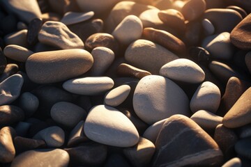 Obraz premium A pile of rocks sitting on top of a beach. This image can be used to depict the beauty of nature and the tranquility of the seaside.