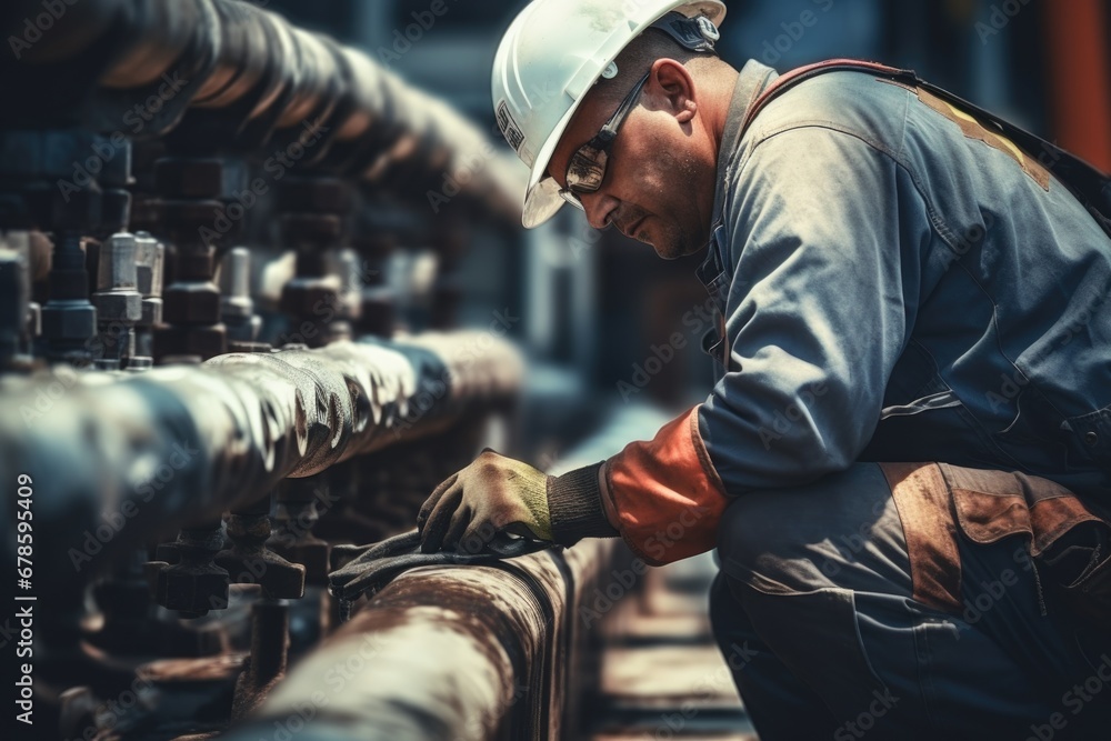 Poster a man wearing a hard hat is seen working on pipes. this image can be used to showcase construction w