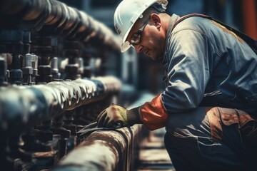 A man wearing a hard hat is seen working on pipes. This image can be used to showcase construction work or industrial projects. - obrazy, fototapety, plakaty