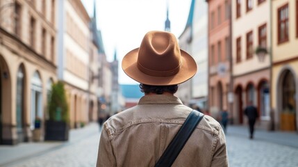 Rear view of young male tourist wearing hat on European street with old buildings