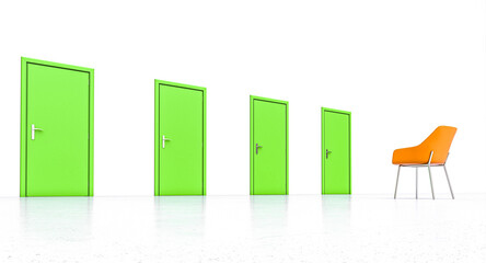 green doors and orange chair on a white background.