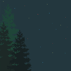 Naklejka premium Night sky in the forest, Christmas card, Christmas trees and starry sky