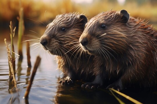 A picture of a couple of beavers sitting on top of a body of water. This image can be used to depict wildlife, nature, or animal habitats.