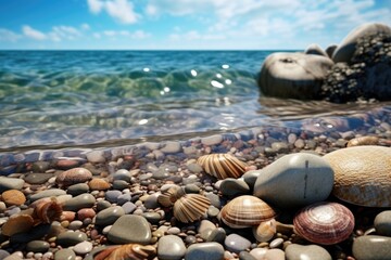 A picture of rocks and shells scattered on a sandy beach near the ocean. This image can be used to depict the beauty of nature, coastal landscapes, or beach vacations