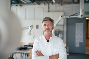Smiling mature scientist standing with arms crossed in laboratory