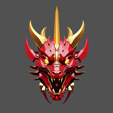 Low poly triangular dragon fiery face on dark grey background, symmetrical vector illustration isolated.  Polygonal style trendy modern logo design. Suitable for printing on a t-shirt.
