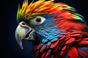 A close-up view of a vibrant and colorful parrot's face. 