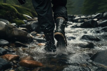 Obraz premium A person is seen walking across a stream in the serene and peaceful woods. This image can be used to depict nature, tranquility, and outdoor activities