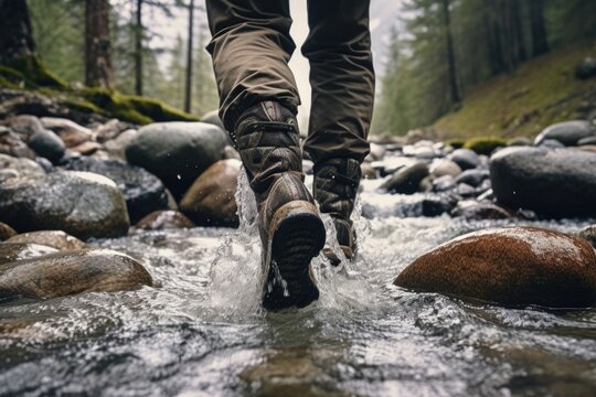 A person is captured walking across a serene stream in the midst of a beautiful forest. This image can be used to depict nature, tranquility, and outdoor exploration