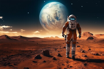 Astronaut walking on planet ansd Establishing a colony on the Mars.