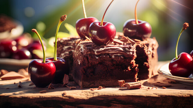 Photography food styling, macro close-up shot: Brownies with Decorative Cherries on a wooden table, boho decoration, beige colors, morning lighting.