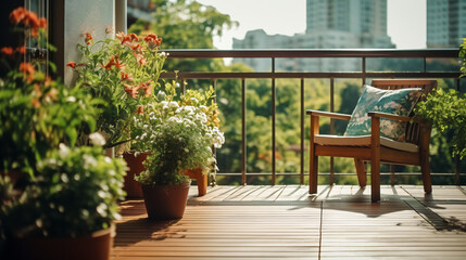 Fototapeta na wymiar Beautiful balcony or terrace with wooden floor chair