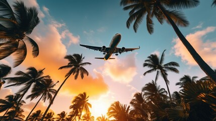 Bottom view of Airplane flying over coconut trees at sunset