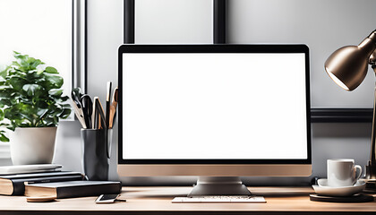 blank White screen mockup of a home office table desk with tablet and touchpad. - obrazy, fototapety, plakaty