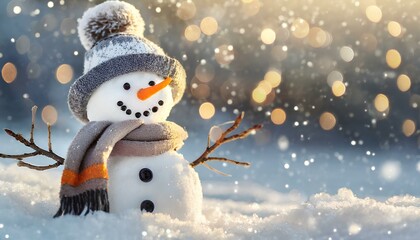 Fototapeta premium Cute small Snowman in field of Snow with Falling Snow with scarf and hat. 